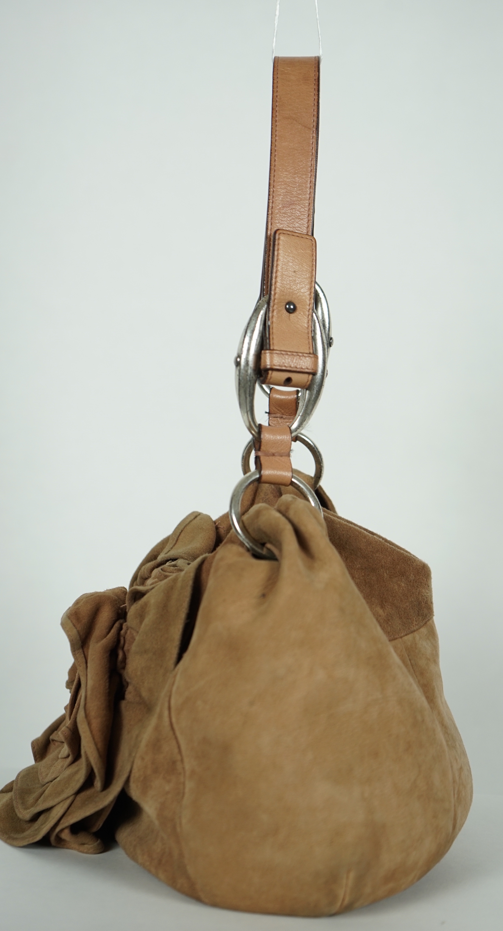 A Yves Saint Laurent rive gauche camel/ sand-brown sueded leather Nadja Rose Petal shoulder bag, designed by Tom Ford, width 36cm, height 33cm, depth 5cm